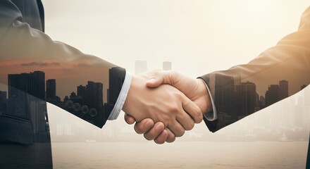 Two people shaking hands with a cityscape overlay suggesting a business deal.