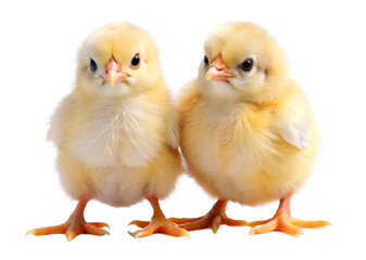 Obraz premium Two fluffy yellow baby chicks standing side by side with orange feet isolated on a transparent background