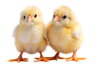 Two fluffy yellow baby chicks standing side by side with orange feet isolated on a transparent background