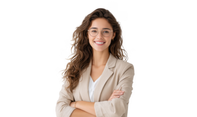 A confident young woman with curly hair and glasses. standing with arms crossed in a light-colored blazer against a plain white background. exuding professionalism and approachability