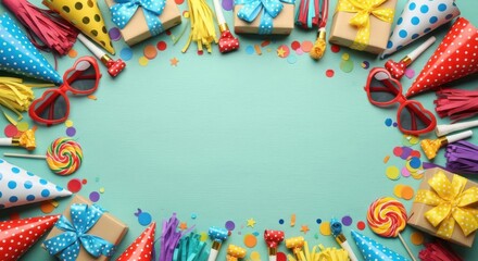 Obraz premium Colorful Birthday Party Elements Arranged in a Circle on a Light Blue Background