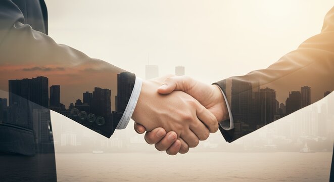 Two people shaking hands with a cityscape overlay suggesting a business deal.