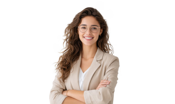 A confident young woman with curly hair and glasses. standing with arms crossed in a light-colored blazer against a plain white background. exuding professionalism and approachability - Powered by Adobe