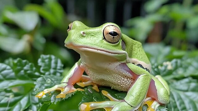 a green frog on a leaf footage