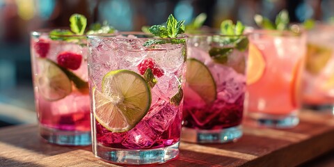 Pink summer cocktails in a bar setting refreshing drinks summer vibes vibrant colors ice sweet party drinks. High quality