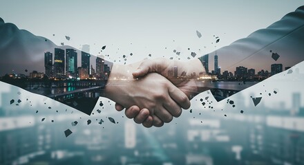 Two hands shaking with a city skyline overlay creating an abstract effect.