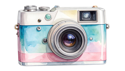 Hand-drawn illustration of vintage polaroid instant camera, watercolor texture, perfect for journaling, digital planners, printable sticers