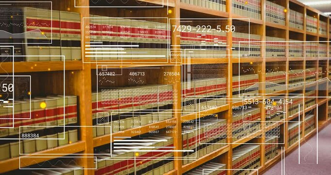 White scan frames initiating shelf scanning over wooden bookshelves, indexing legal volumes