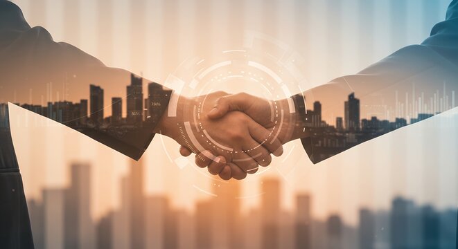 Business handshake with city skyline overlay representing deal partnership and agreement.