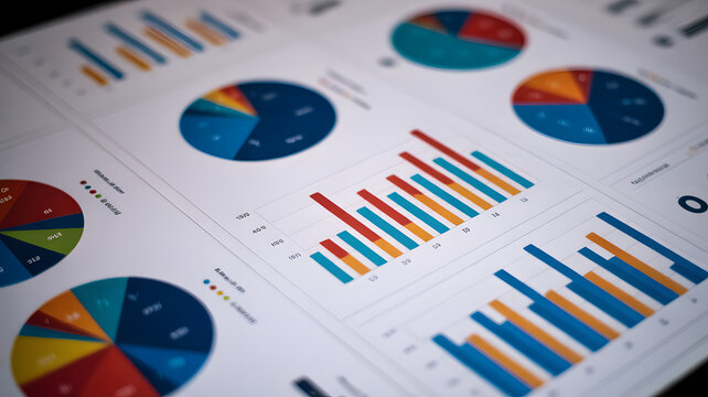 Colorful business charts showing market analysis and financial data representation with bar graphs and pie charts for strategic planning.
