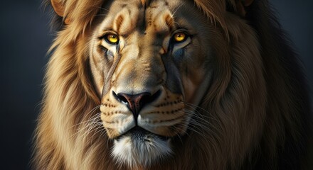 Fototapeta premium Majestic Lion Portrait with Intense Golden Eyes and Full Mane