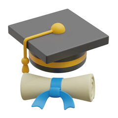 3d render of graduation cap and diploma paper roll with ribbon. Academic graduation achievement 3d icon concept