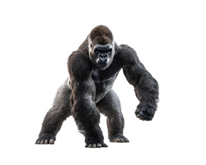 Fototapeta premium A powerful silverback gorilla stands in a dynamic pose. showcasing its strength and muscular build against a plain white background. making it ideal for wildlife and nature-themed projects