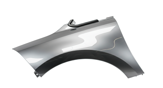A sleek, silver car fender, a modern automotive component