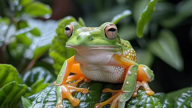 a green frog on a leaf footage