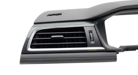 A detailed view of a car's dashboard with air vents and stylish chrome accents.