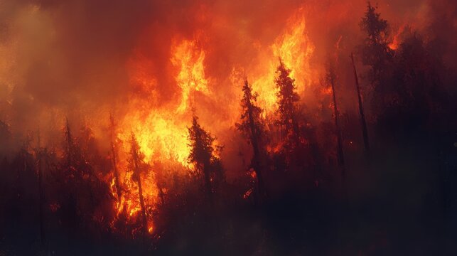 A massive wildfire consuming a forest, trees collapsing into ash, red-orange flames illuminating the smoke-filled sky, blurred background,