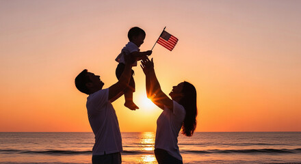 Joyful Family Silhouette with Baby and American Flag at Sunset on the Beach