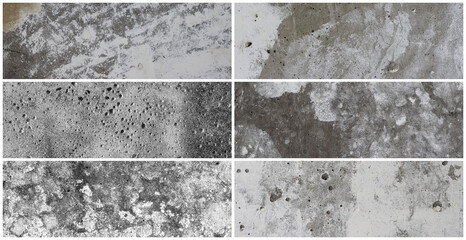 Texture set of old cracked concrete walls. Rough gray concrete surfaces. Collection of panoramic backgrounds for design.