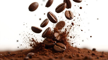 Obraz premium Exploding coffee beans on white background