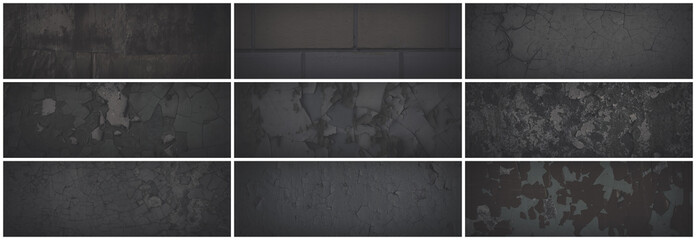 Set of dark panoramic background textures. Collection of wide textures with peeling paint, cracks, scratches, noise and grain. Faded rough surfaces of old walls. Bundle of gray backgrounds for design.