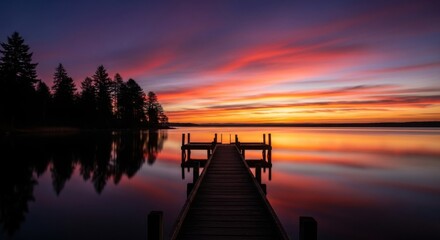 Obraz premium Serene Sunset Over a Calm Lake with a Wooden Pier and Silhouetted Trees