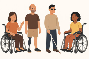 Disabled adults with prosthetics, limb loss, blindness, and paralysis in wheelchair illustrated in flat cartoon vector set