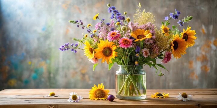 Vibrant Summer Wildflower Bouquet in a Glass Jar on Rustic Wooden Table - Powered by Adobe