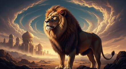 Majestic Lion King Standing Proudly Against a Dramatic Cloudy Sky with Distant Arabian Palace