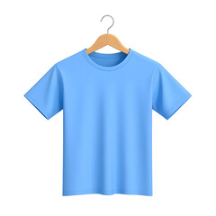 Plain light blue short sleeve t shirt hanging on wooden clothes hanger isolated on transparent background