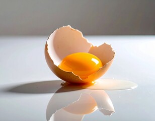 A single cracked egg yolk on a glossy white surface