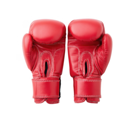 A pair of vibrant red boxing gloves positioned symmetrically on a clean white background. symbolizing sportsmanship and competition. ideal for fitness and martial arts promotions