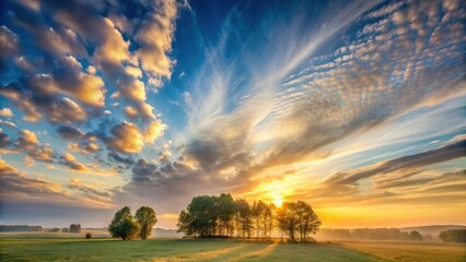 Obraz premium Golden Hour Serenity A Majestic Sunrise Illuminates a Tranquil Meadow with Silhouetted Trees and a Breathtaking Sky Display