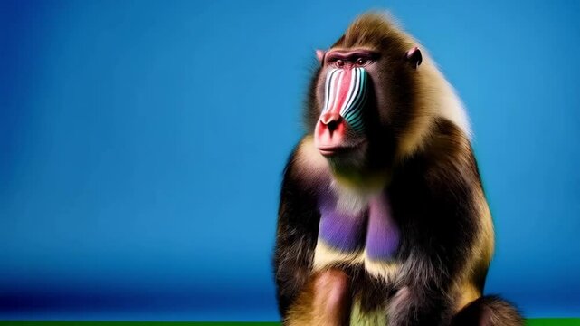 Close up of a mandrill monkey sitting against a blue and green background in a studio setting green screen animal video