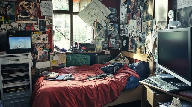 A messy bedroom with a unmade bed, scattered clothes, posters on the walls, and a computer desk. Natural light enters through a window. Generative 4k video.