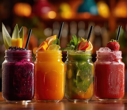 Colorful and refreshing juice options for healthy living and summer enjoyment at a vibrant café bar, cut out. High quality