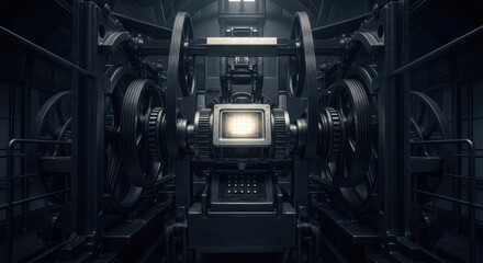 Intricate Mechanical Device with Central Glowing Screen in Industrial Setting