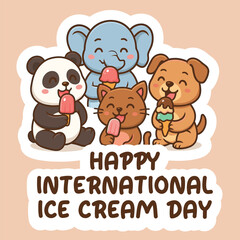  Cute Animals Celebrating Ice Cream Day – Summer Vector Sticker