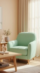 Light Green Armchair in Cozy Living Room with Natural Light and Minimalist Decor