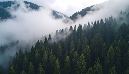 Aerial view of foggy evergreen forest on a mountain with tranquil nature landscape.