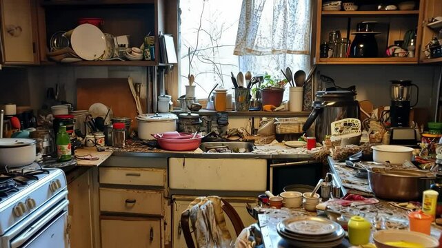 A cluttered kitchen filled with dirty dishes, pots, and various kitchen appliances. Sunlight streams through a window, illuminating the disorganized space. Generative 4k video.