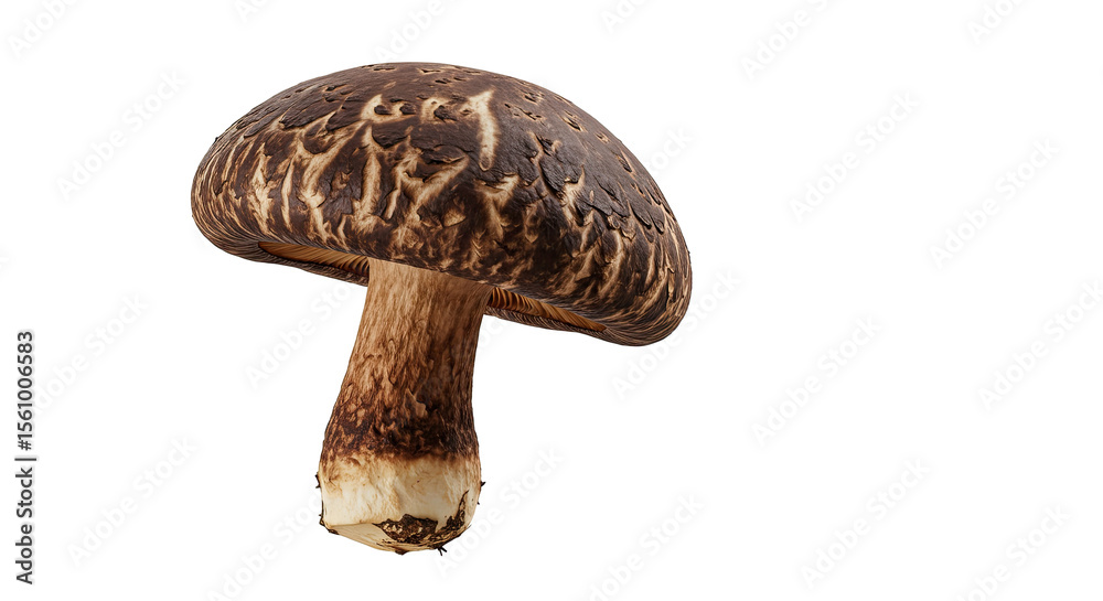 Poster close up of a single brown shiitake mushroom with detailed texture