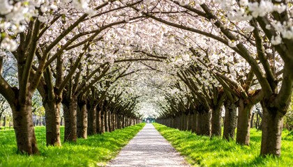 Blooming Cherry Blossom Tunnel Pathway Through Springs Floral Archway.
