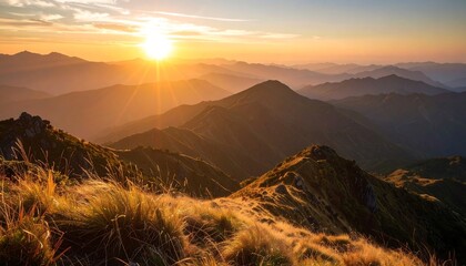 Breathtaking Golden Sunrise Over Mountain Ridges  Golden Grass with Natural Beauty.