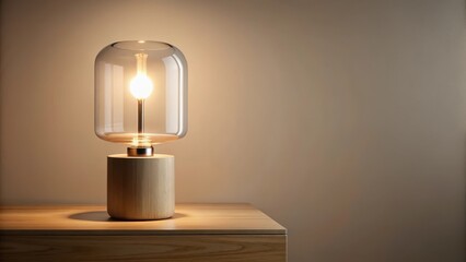Illuminated Glass and Wood Table Lamp on a Wooden Surface