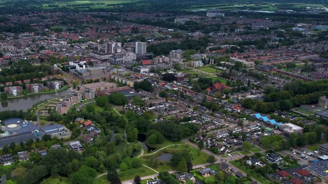 An panoramic Aerial view of the old town of the city Drachten in the Netherlands on a cloudy morning in summer