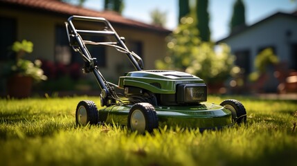 Fototapeta premium Lawn Mower Cutting Green Grass in Backyard – Mowing in Progress.