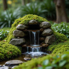 Mossy Tranquility: A serene tiered stone fountain surrounded by vibrant green moss in a peaceful garden setting