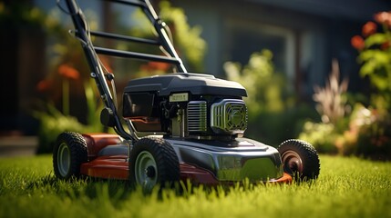 Fototapeta premium Lawn Mower Cutting Green Grass in Backyard – Mowing in Progress.
