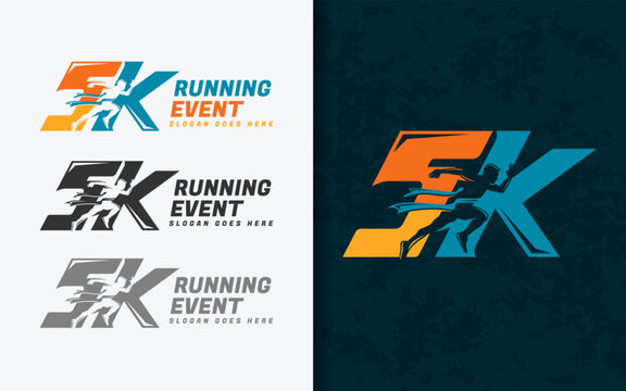 5k running event symbol, A modern emblem showcasing a stylized runner combined with the number 5K, representing sport, competition, and determination.